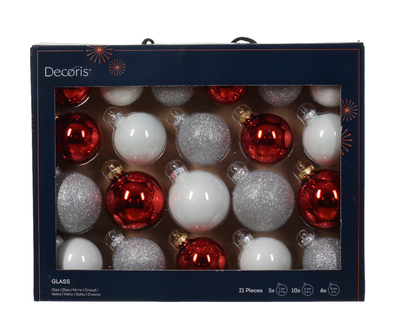 Cutie cu 21 globuri asortate Baubles, Decoris, Ø7 cm/Ø6 cm/Ø5 cm, sticla, alb/rosu - imagine 3